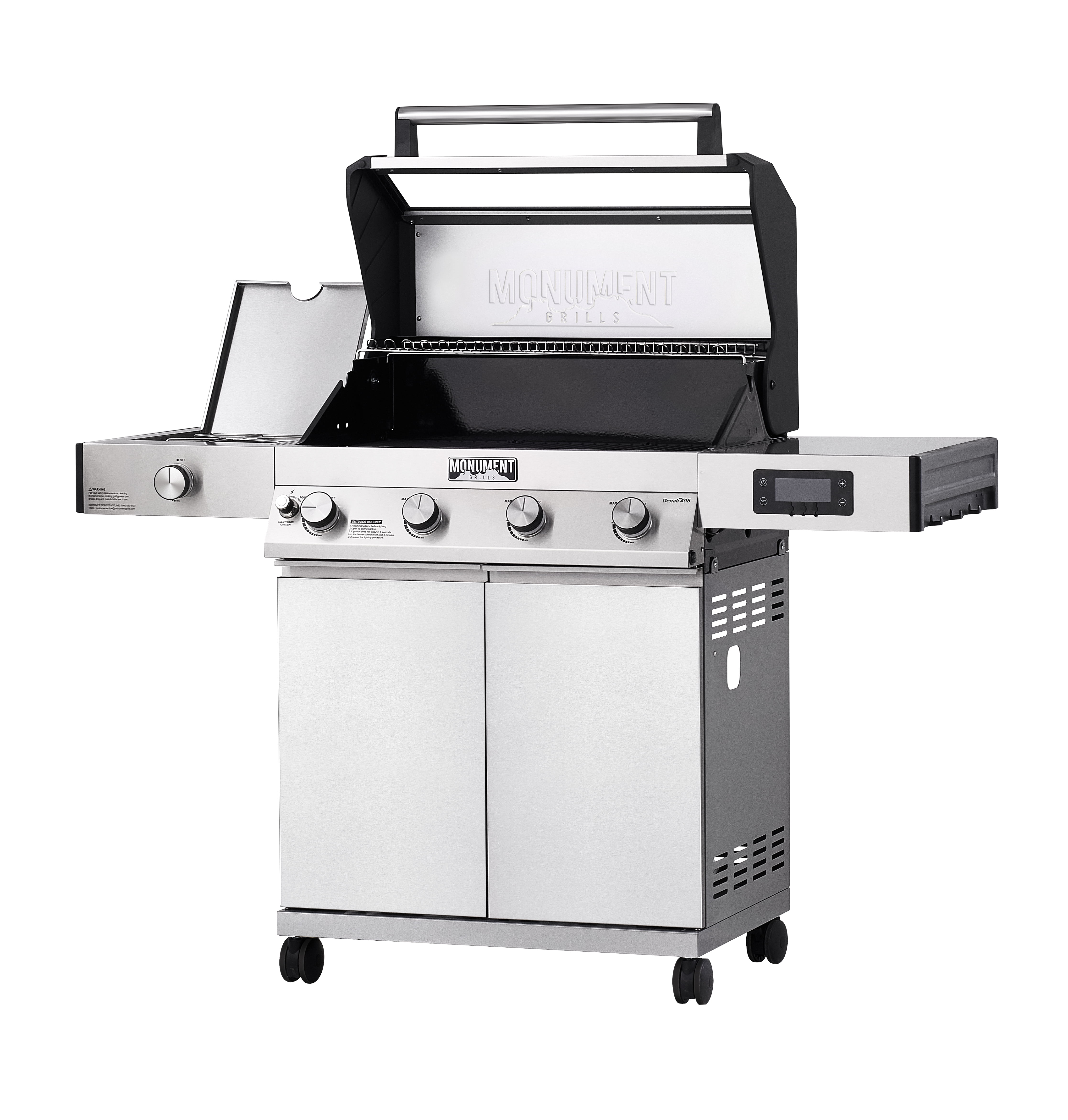 Denali 4-Burner Propane Gas Grill in Stainless with Clearview Lid, 3-Phase LED Controls, Grill Cover, and Side Burner