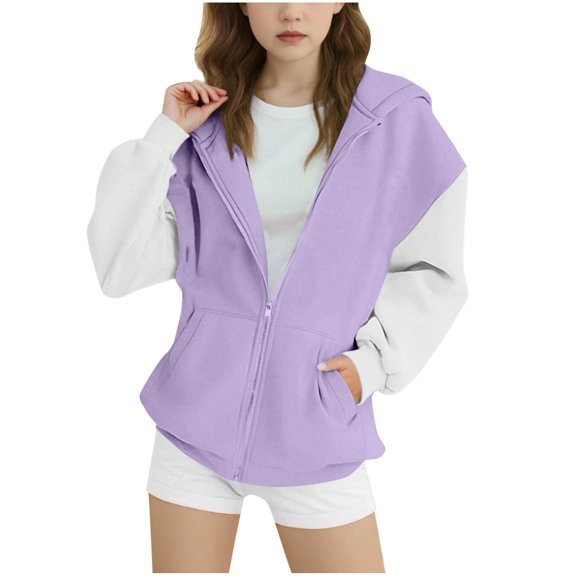 Zpanxa Big Girls Two-Tone Print Fleece Hoodie, Warm Brushed Lined Pullover with Front Pocket for Winter Activities 4-15 Years