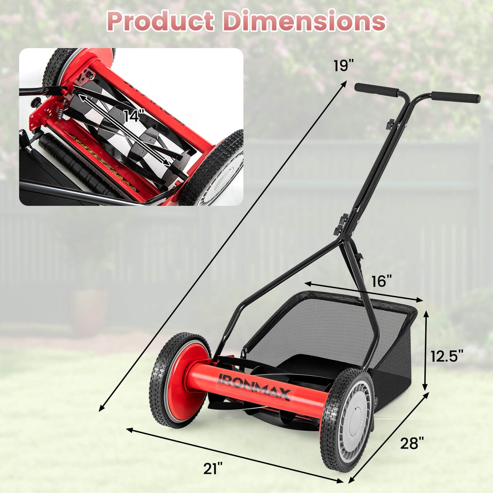 Ironmax 14" Manual Reel Mower with 5-Blade 6.6 Gallon Removable Grass Catcher for Garden Red + Black