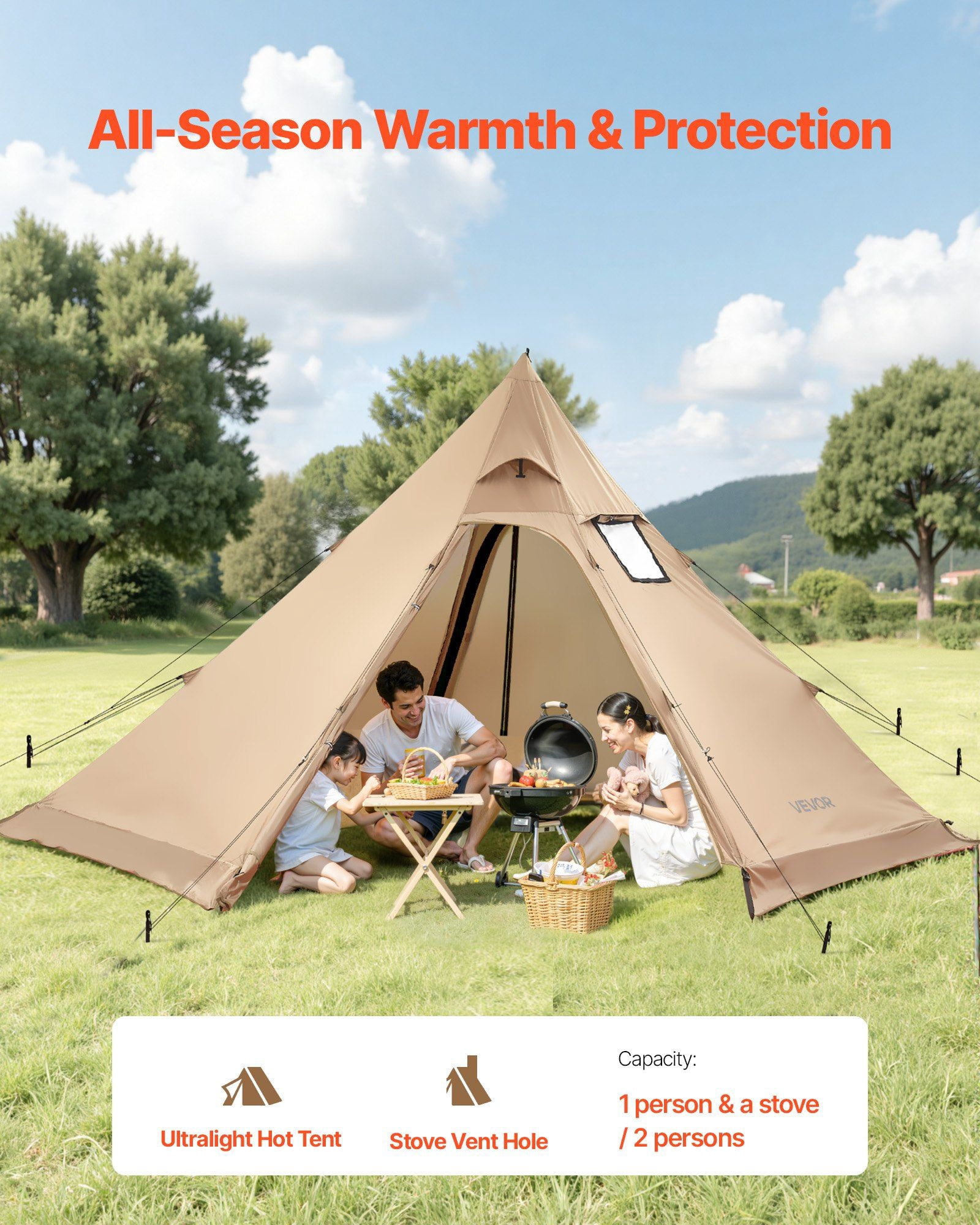 Hot Tent for 4 Persons, Lightweight 4 Season Camping Tent - Portable Winter Shelter with Stove Jack, Waterproof Canvas for Hiking Fishing Backpacking, M Size