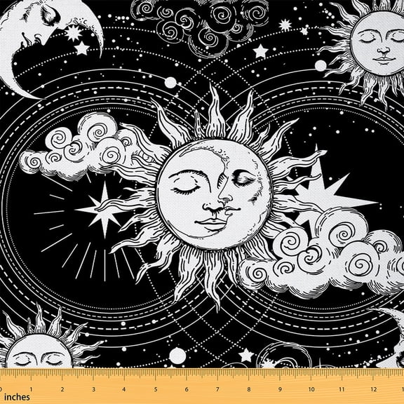 Manfei Boho Sun and Moon Fabric by the Yard (1 Yard), Celestial Nebula Astrology Decorative Fabric by the Yard, White and Black Sewing & Crafting Fabric