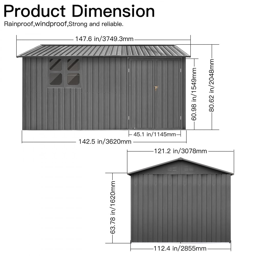 12ft x 10ft Metal Outdoor Storage Garden Tool Shed Workshop with Foldable Worktable, Shelves, Window, Hanging Lamp Hook & Apex Roof for Backyard Garden Patio, Grey