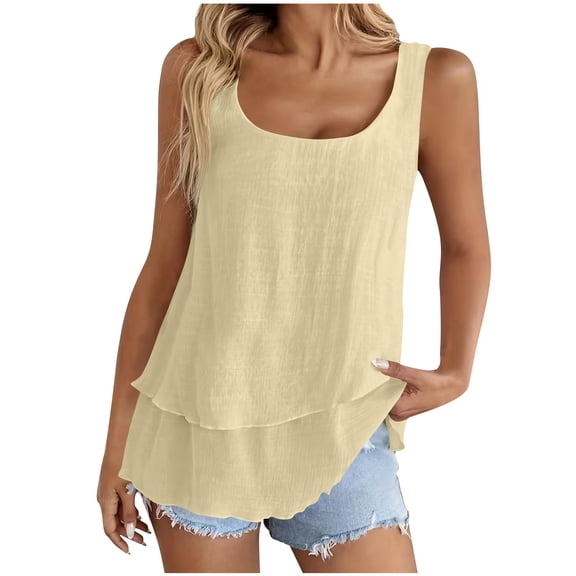 VEKDONE Womens Summer Linen Tank Tops Loose Fit Layered Pleated Tunics Sleeveless Scoop Neck Swing Beach Tanks Solid Color Lightweight Pullover Vest Yellow XXL