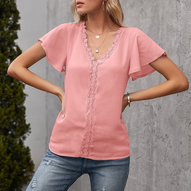 LOVZFMLL Hauts d'Été pour Femmes Mode Décontractée T-shirt Col en V Manches Courtes Blouse