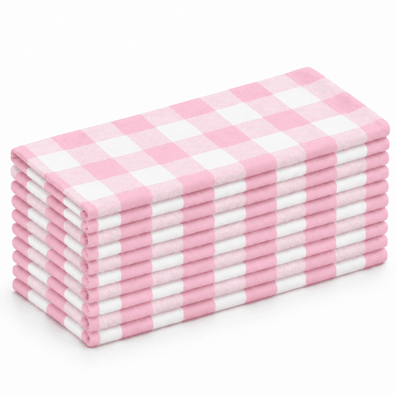GFI LINEN CLUBS 100% Cotton Gingham Cloth Dinner Napkins, 18 x 18 in, Set of 12, Baby Pink & White
