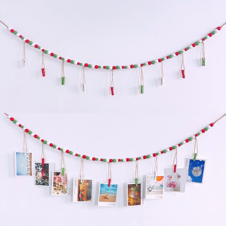 Wood Bead Photo Garland With 30 Clips - 57 Inch Rustic Wall Hanging Display For Photos & Art