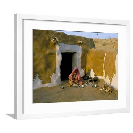 Woman Cooking Outside House with Painted Walls, Village Near Jaisalmer, Rajasthan State, India Framed Print Wall Art By Bruno (Best Way To Paint Outside Of House)