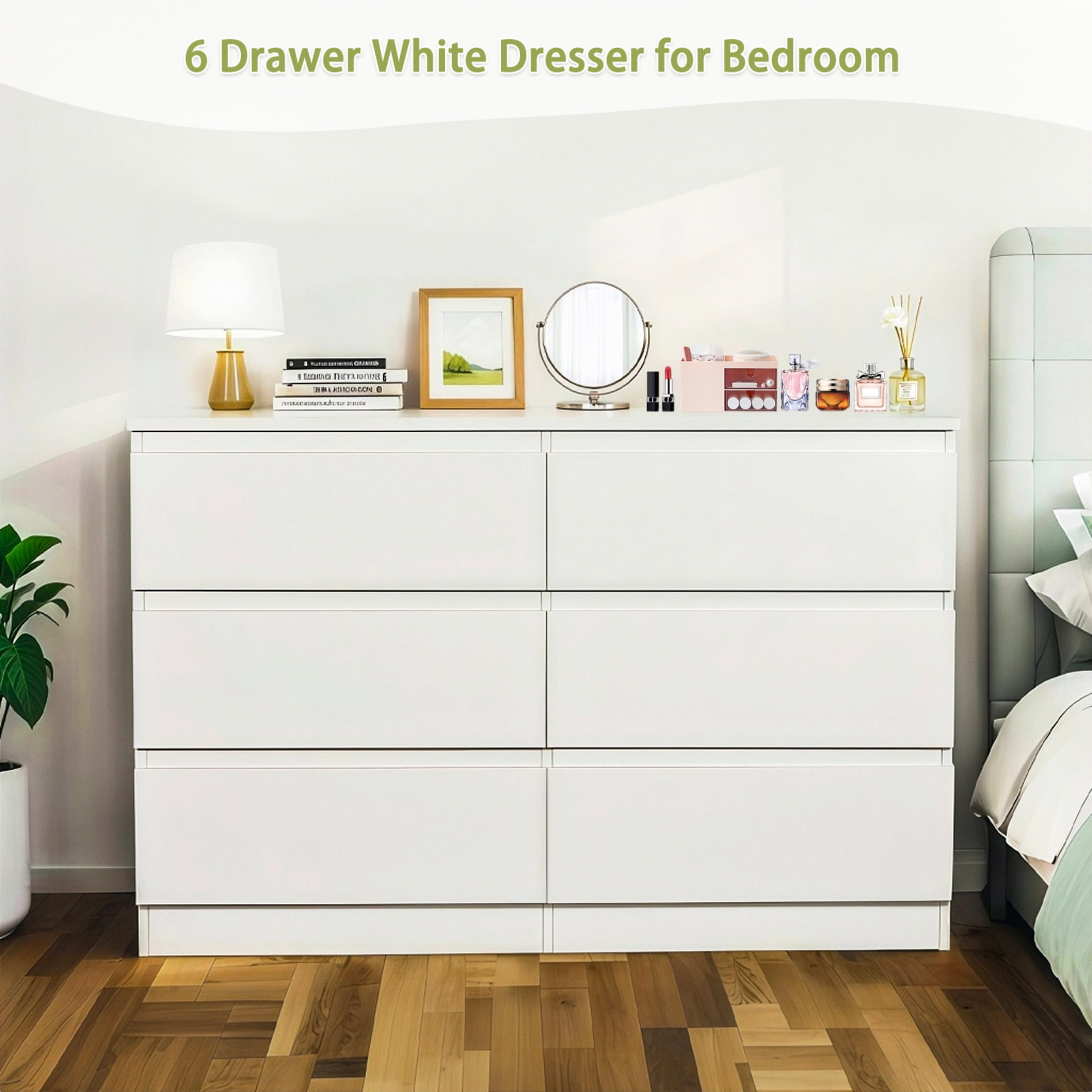 Noble House 6-Drawer Dresser, Modern Wooden Storage Cabinet, Concealed Handles, for Bedroom, Living Room, White