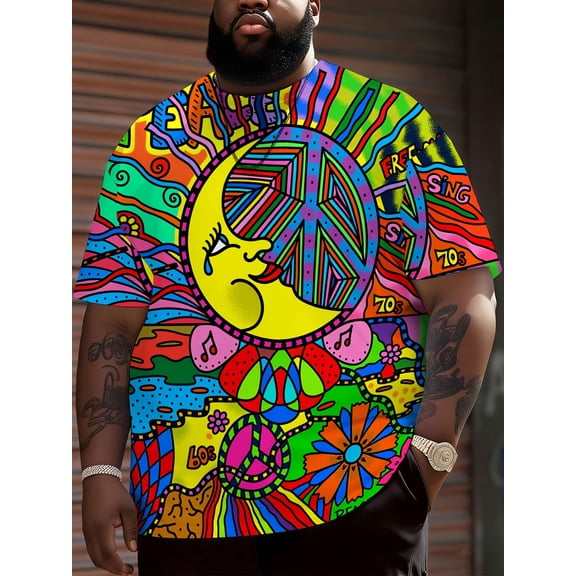 Colorful Peace Logo Psychedelic 70s Hippie T-Shirt, Unisex, Music & Floral Power Design, Plus Size