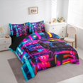 thumbnail image 2 of Manfei Racing Car 7-Piece King Bedding,Neon Light King Bed in a Bag,Pink Blue,Black Reversible, 2 of 7