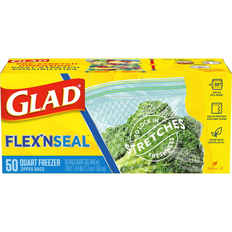 Glad Flexn Seal Freezer Storage Plastic Bags, Quart, 50 Count, Size: 50 ct