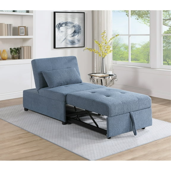 Blue Gray Convertible Chair With Pillow And Cover Modern Sleeper In Fabric