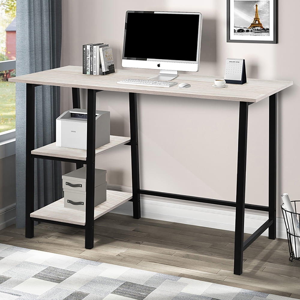 Veryke Wood Surface Computer Desk with Storage Shelves, Metal Frame