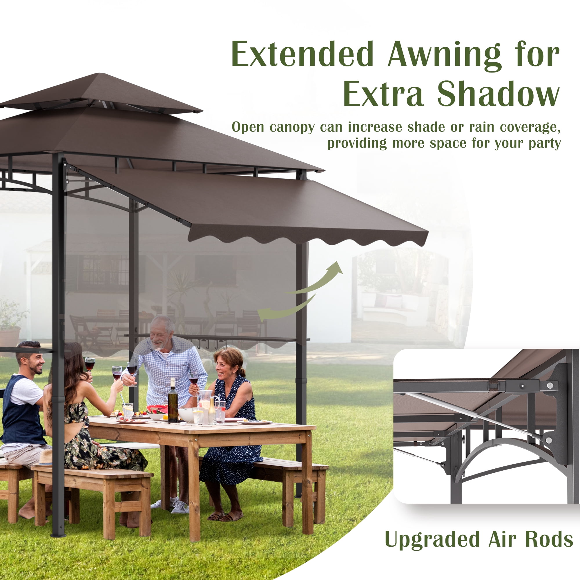Haverchair 8x8 FT Grill Gazebo with Side Awning, 2-Tier Barbecue Canopy Shelter with 2 Shelves, 7 Hanging Hooks, Bottle Opener, Outdoor Grilling Awnings Tent for Backyard Garden Poolside