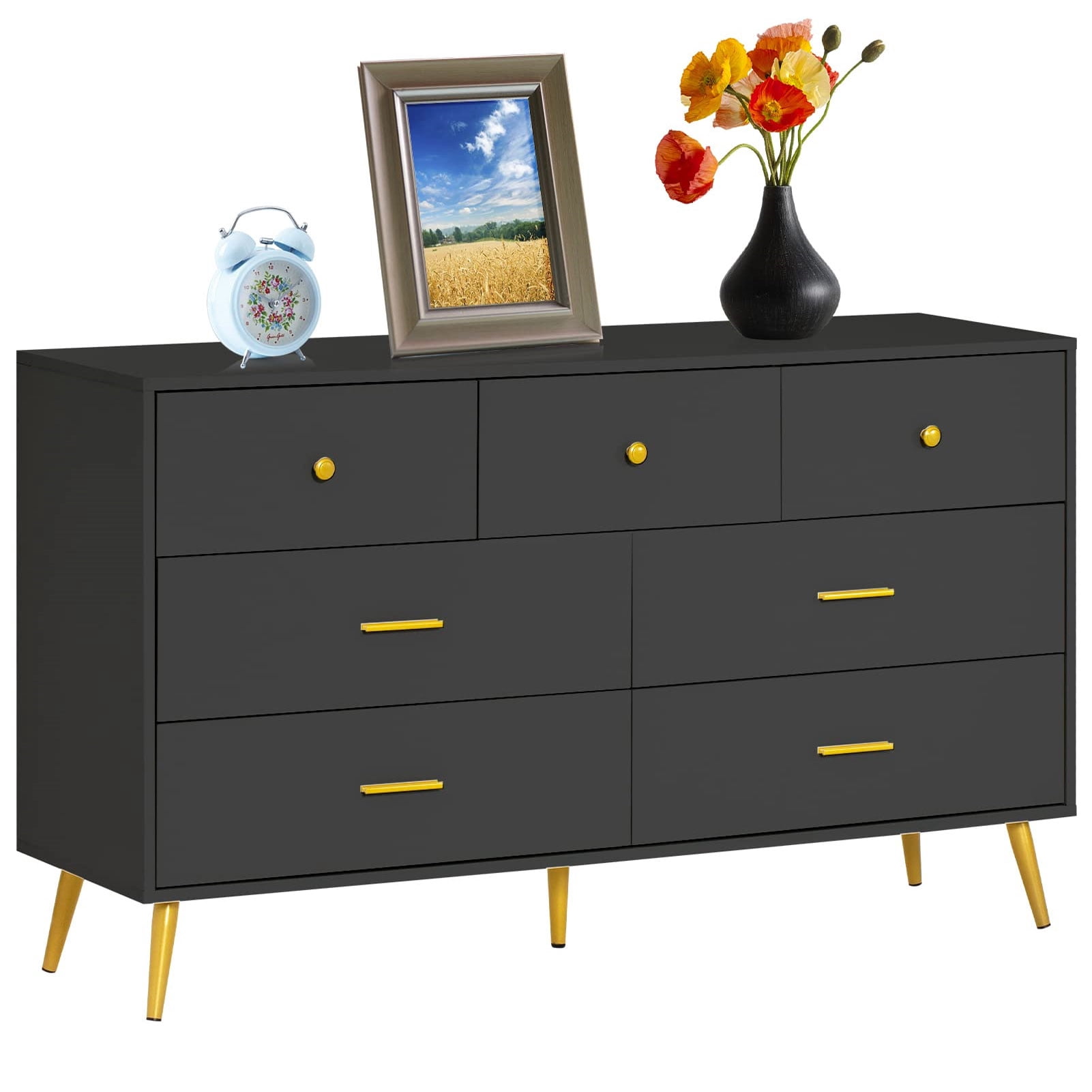 7 Drawers Dresser for Bedroom, 55" Long Black Dresser Gold Legs, Mid