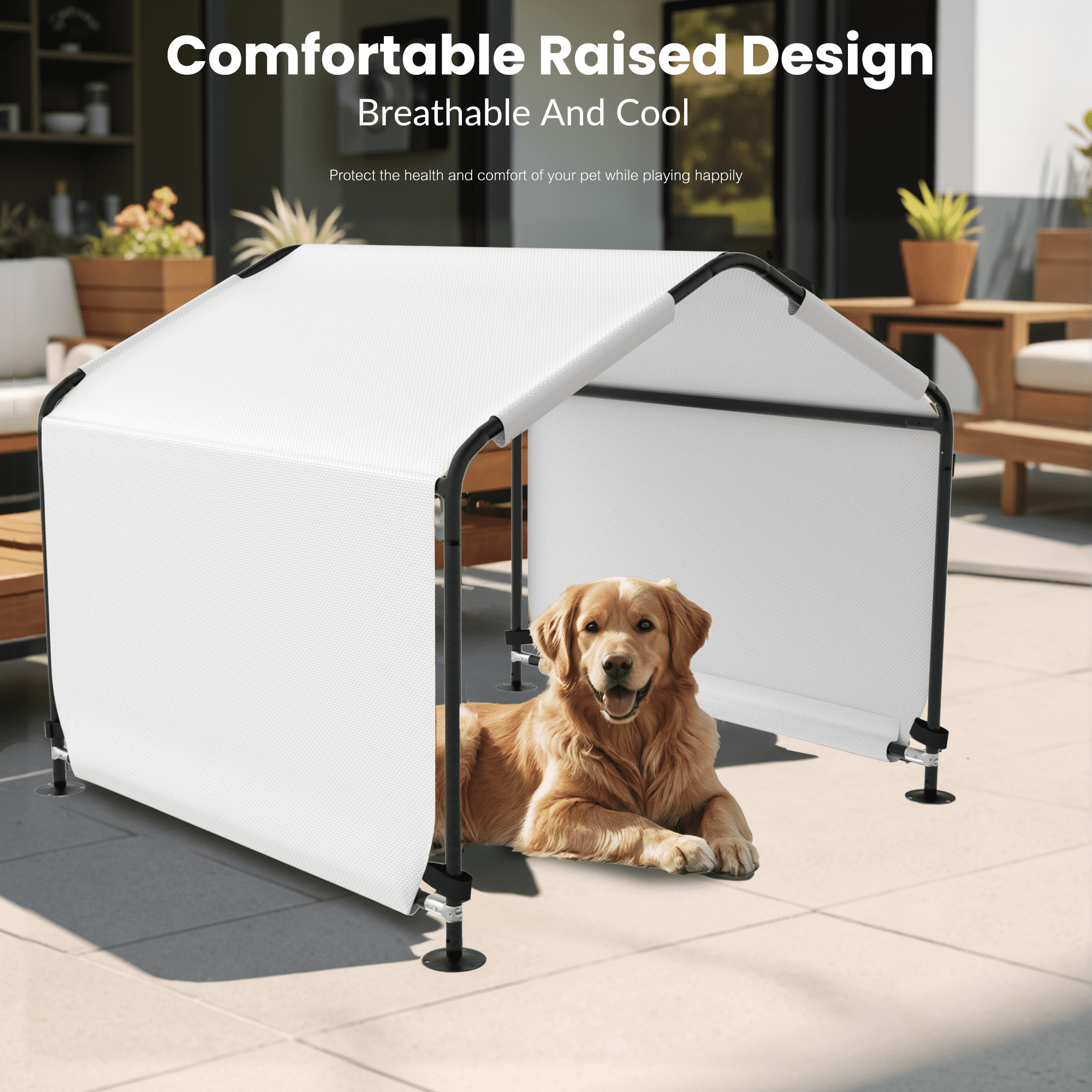 Outdoor Dog Shade Shelter 4'x4'x3' Portable Dog Tent Sun Rain Canopy for Outside Pet House for Large Medium Dogs, Cats, Pigs w/ Waterproof Roof, Ground Nails, White
