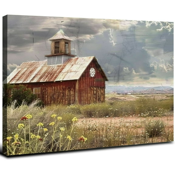 JRXY Farmhouse Wood Wall Art Picture: Framed Old Barn Print Decor Large Rustic Farm Landscape Country Artwork Panoramic Horizontal Nature Scene Rural Countryside for Living Room Bedroom 20x16inch