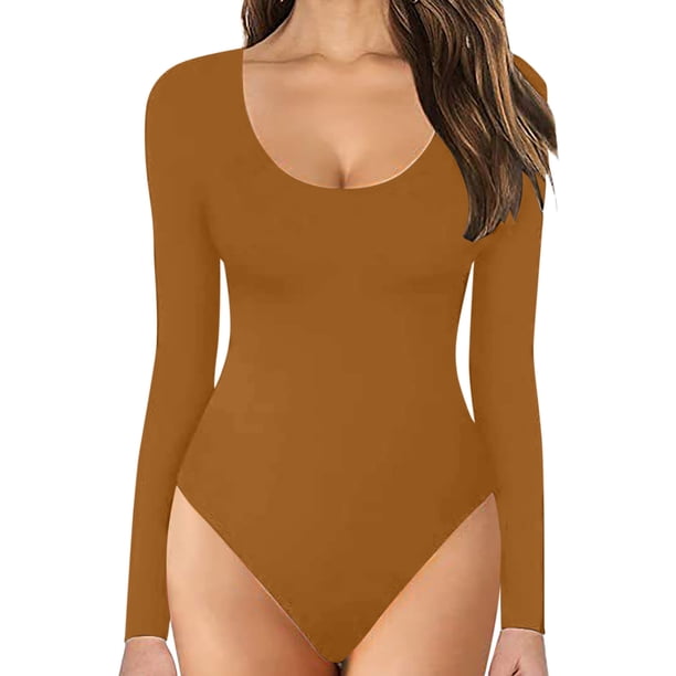 Gibobby Body para mujer con control de barriga Mono de manga larga con cuello Rojoondo y cuello Rojoondo para mujer (Café, S)