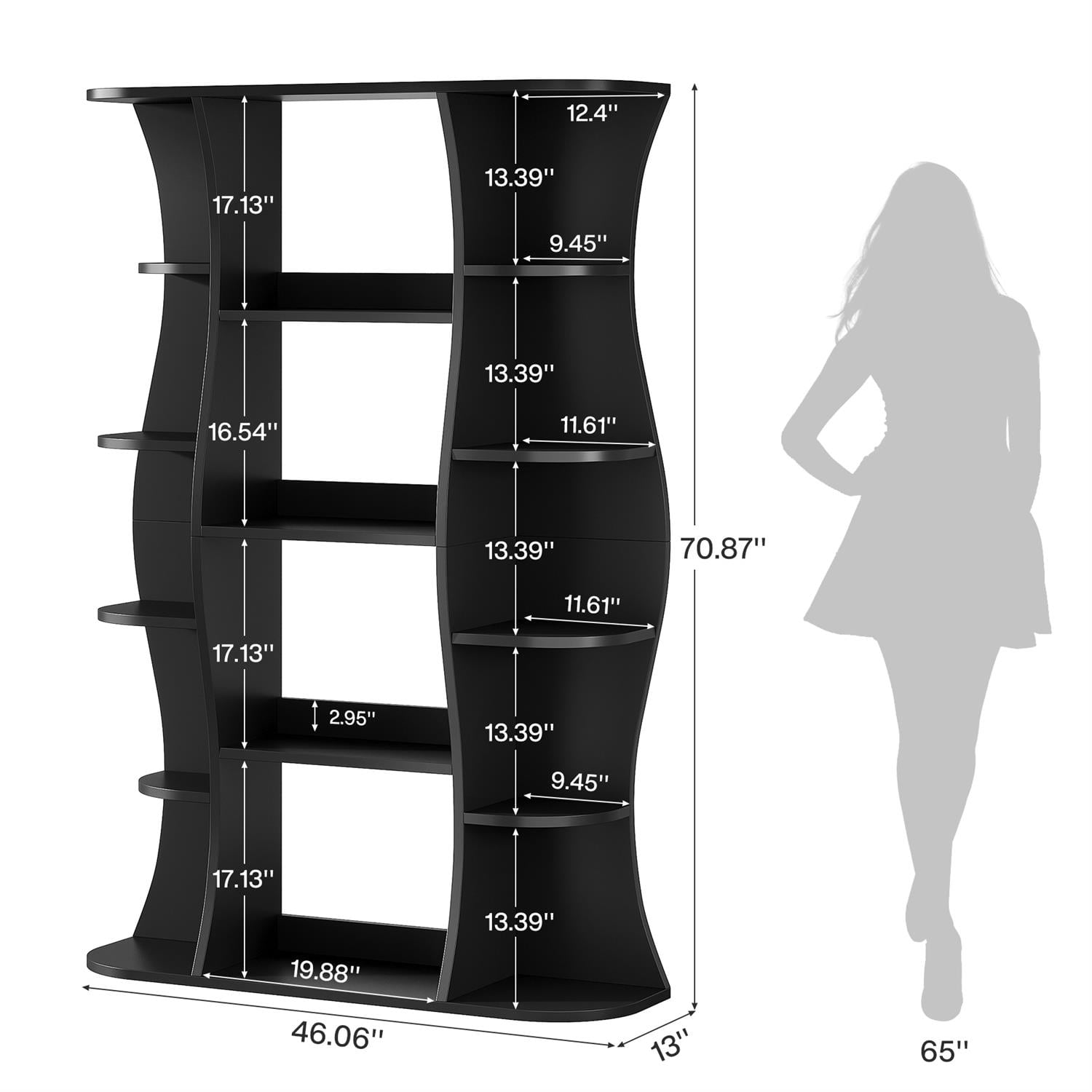 Demi Bonn 70" Modern Curved Black Bookshelf, Stylish Decorative Storage for Living Room, Elegant Display Unit, Space-Saving Solutions, Black