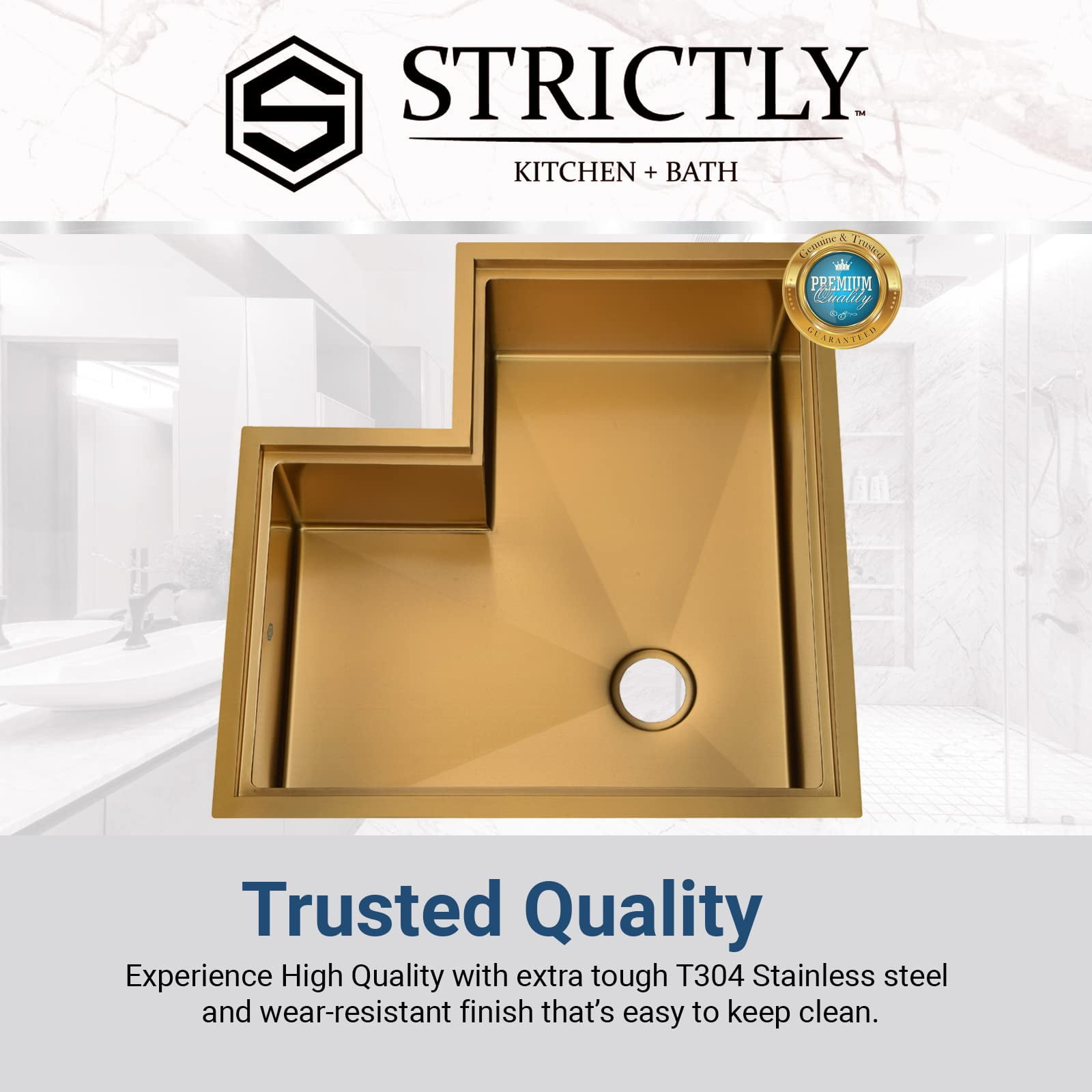 Strictly Sinks 30” Workstation Corner Kitchen Sink – Gold Single Bowl 16 Gauge Stainless Steel Corner Sink