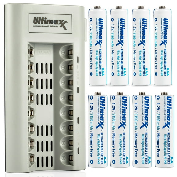 Ultimaxx 8 Bay AA & AAA Battery Charger with One 4 Pack of AA Batteries & One 4 Pack of AAA Batteries.