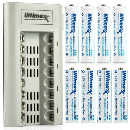 Ultimaxx 8 Bay AA & AAA Battery Charger with One 4 Pack of AA Batteries & One 4 Pack of AAA Batteries.