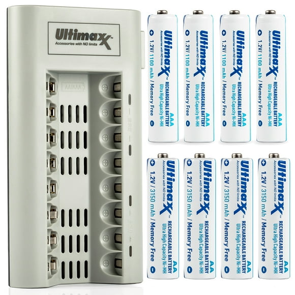 Ultimaxx Chargeur de Batterie 8 Baies AA & AAA avec un Pack de 4 Batteries AA et un Pack de 4 Batteries AAA.