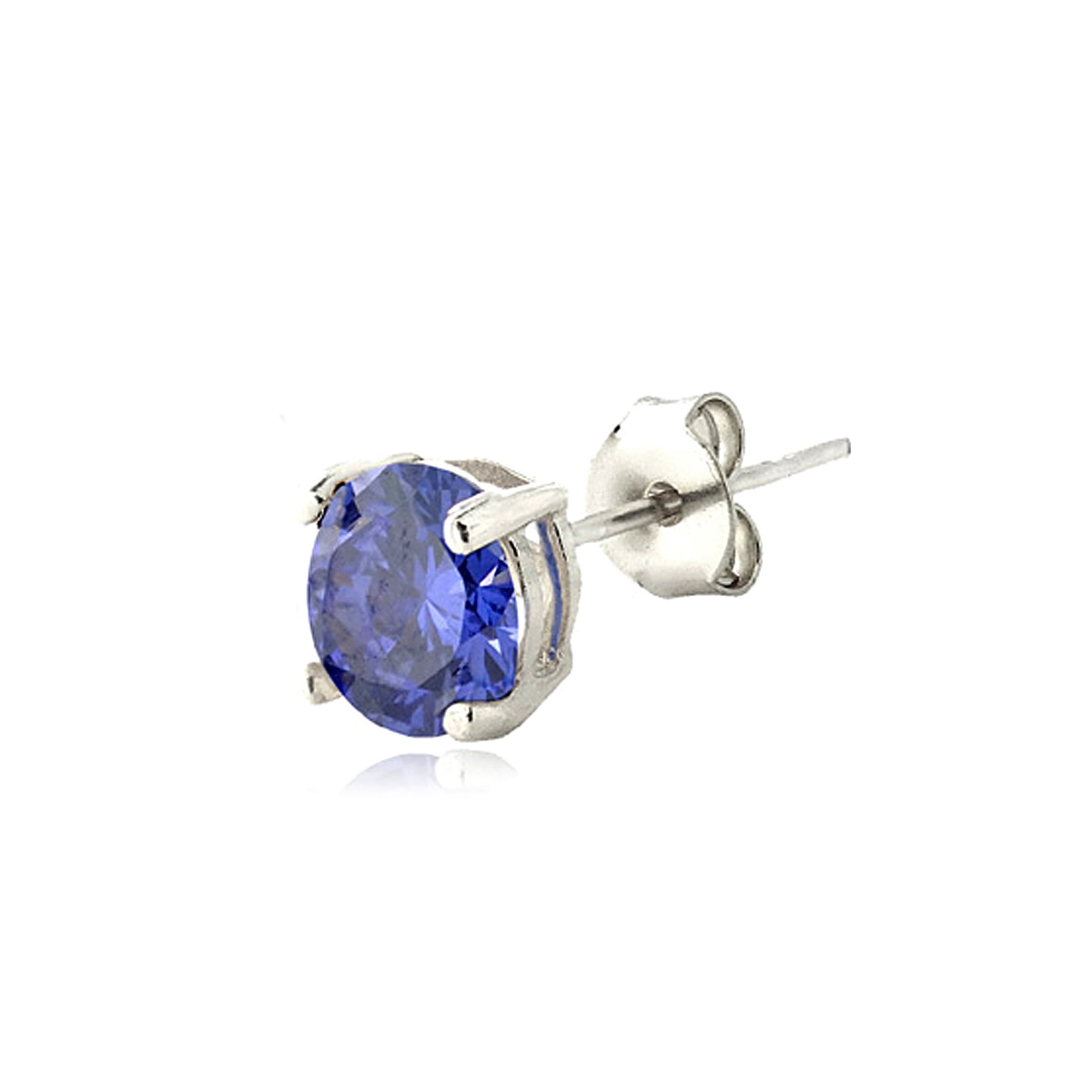 Silver Tone Simulated Tanzanite 6mm Round Solitaire Stud Earrings