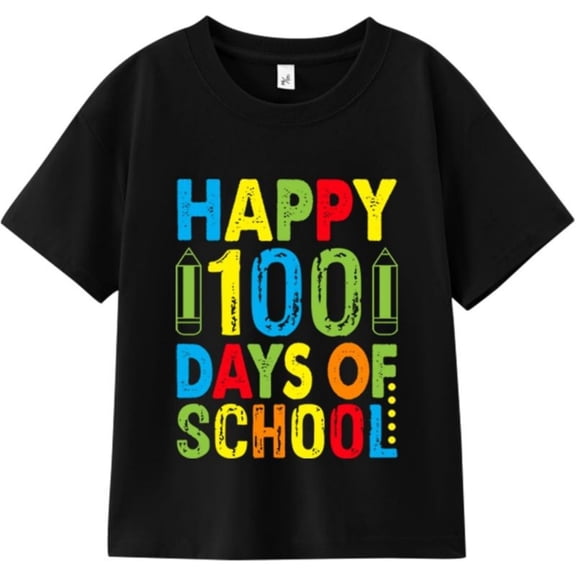 Happy 100 Days of School Shirt for Boys Girls Kids, Tee for 100th Day School Celebration, Back To School T-Shirt for Kids, Black, 180gsm, 100% Cotton