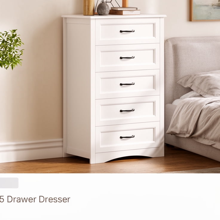 5 Drawer Dresser, Wooden Chest of Drawers with Sleek Metal Handles, MDF Storage Dresser Organizer for Bedroom, Living Room, Hallway - White