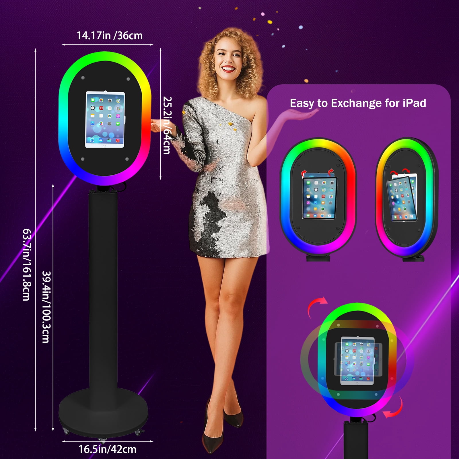 Portable iPad Photo Booth Stand with RGB Ring Light - Compatible with 10.2" to 13" iPad Pro/Air, Party Selfie Station for Weddings & Corporate Events (Black)​