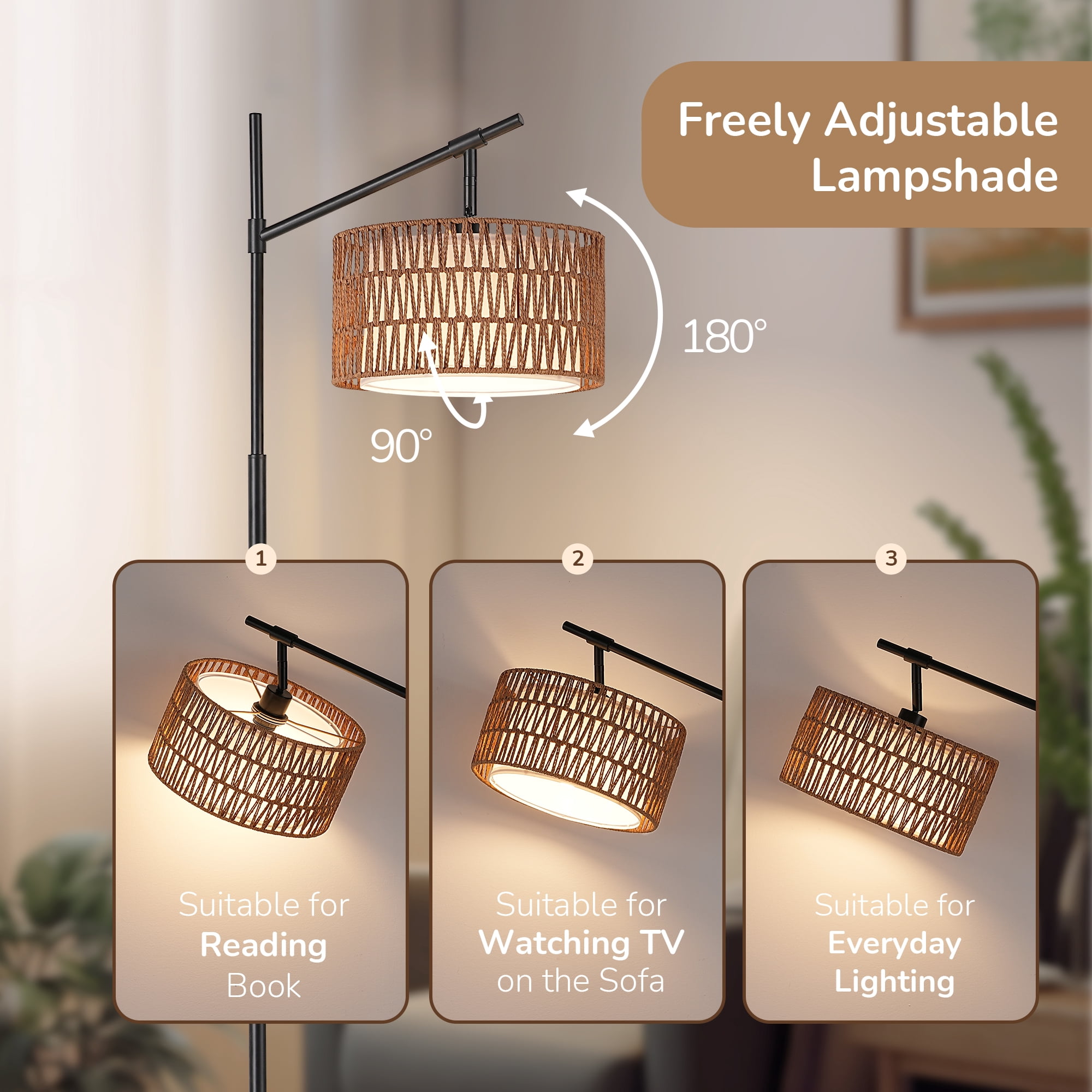 EDISHINE Rattan Floor Lamps with Remote for Living Room, Black Standing Lamp with Rattan & Fabric Double Drum Shade, Boho Farmhouse Tall Lamp for Bedroom, With LED Light Bulb.