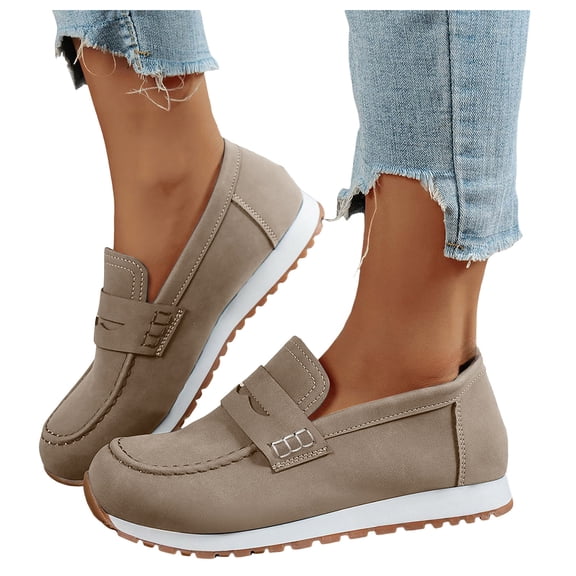Womens Loafers Antislip Thick Sole Platform Sneakers Round Toe Suede Comfy Arch Support Slip on Walking Shoes Khaki Size 9