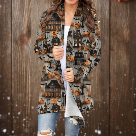 WXLWZYWL Halloween Cardigan for Women Plus Size Long Open Front Cardigans Halloween Pumpkin Pattern Cardigan Bat Cardigan
