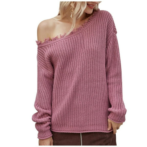 LBLOE Women's Sweaters Casual Long Sleeve Crewneck Solid Color Patchwork Pullover Knit Sweater Tops Pink