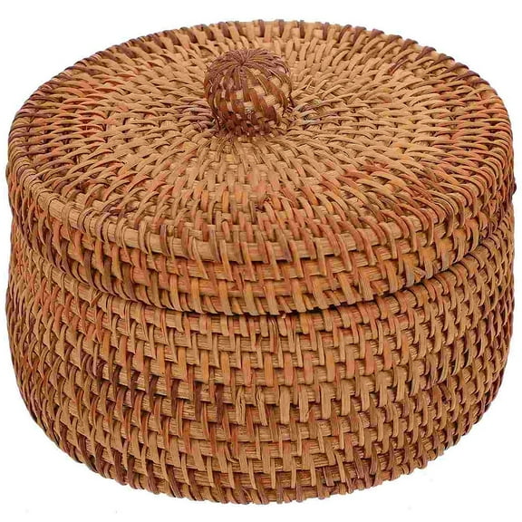 Masteelf Lidded Rattan Box Round Multi-purpose Desktop Sundries Storage Organizer