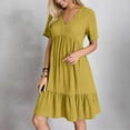 thumbnail image 2 of Women's Summer Casual Dress V Neck Short Sleeve Flowy Swing Midi Beach Dress Solid Color Button Shirt Dress 2025 Womens Casual Trendy Midi Dresses, 2 of 6
