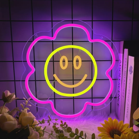 Flower Neon Sign for Wall Decor, Smile Flower Led Signs, Dimmable Neon Light Sign for Bedroom, Game Room, Living Room, Bar Decoration, USB Powered Light Up Signs for Man Cave