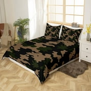 YST Brown Camouflage Comforter Cover Black Camo Bed Set, Modern Abstract Duvet Cover Full Size Military Camo Bedding Set, Geometric Stripes Bedspread Cover Army Camouflage Room Decor