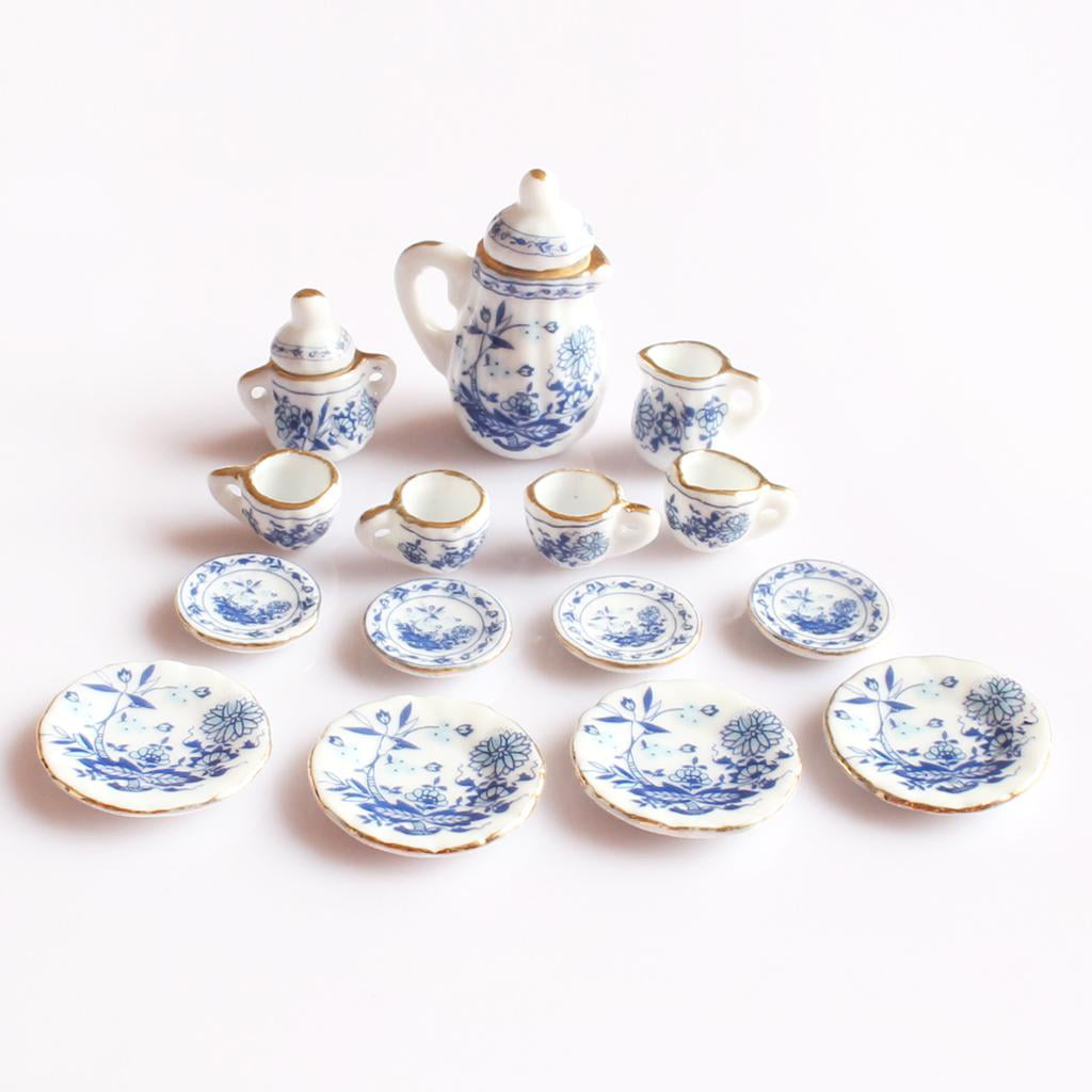 1:12 Scale 9 Piece Blue & White Floral Ceramic Coffee Set Dolls House & Tray 