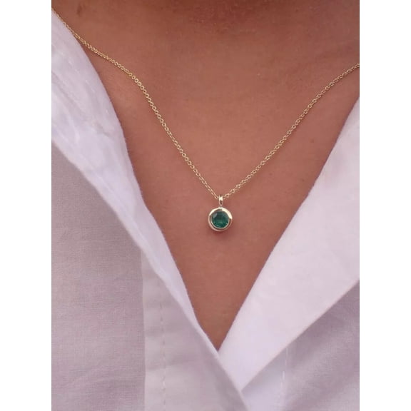 1Ct Round Cut Lab Created Green Emerald Bezel Solitaire Pendant 14K Yellow Gold Plated 18" Silver 925