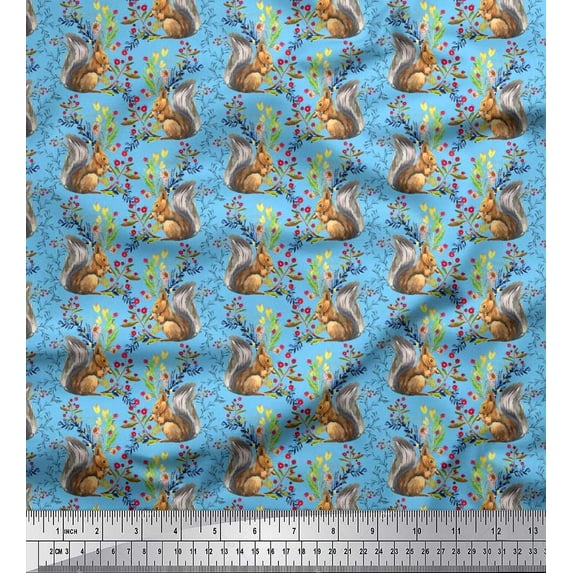 Soimoi Japan Crepe Satin Fabric Leaves,Floral & Squirrel Animal Print Fabric by The Yard 42 Inch Wide