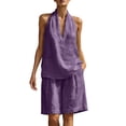 thumbnail image 2 of Costeam Womens Halter V Neck Short and Capri Pants Two Piece Outfit Lightweight Linen Blend Loose Fit Solid Color Casual Summer Co Ord Set, 2 of 6