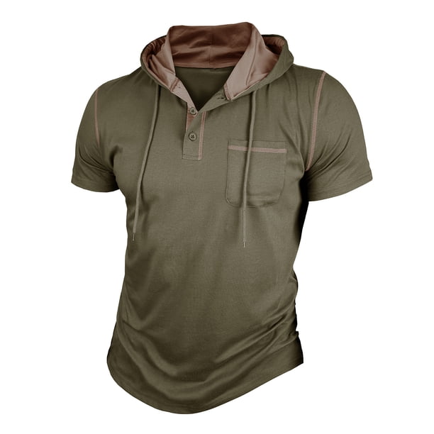 Mens Casual Manga Corta Botón Abajo Camisas Botón con Capucha Sólida Camisa de Parche, Camisas de Manga Larga Casual Elegante para Diario