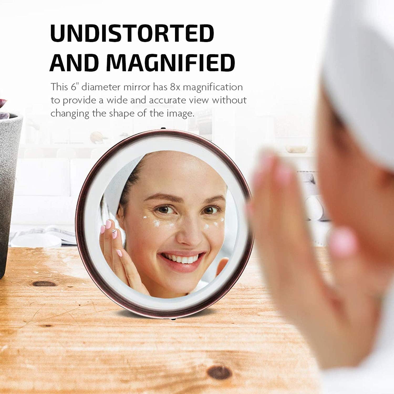 OVENTE 6'' Suction Cup Magnifying Mirror, LED Lighted Wall Mount Makeup 8X Magnifier, Antique Copper MLI25CO