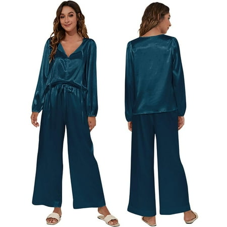 

Womens Silk Satin Pajamas Short Sleeve Loungewear Two-Piece Sleepwear Button-Down Pj Set