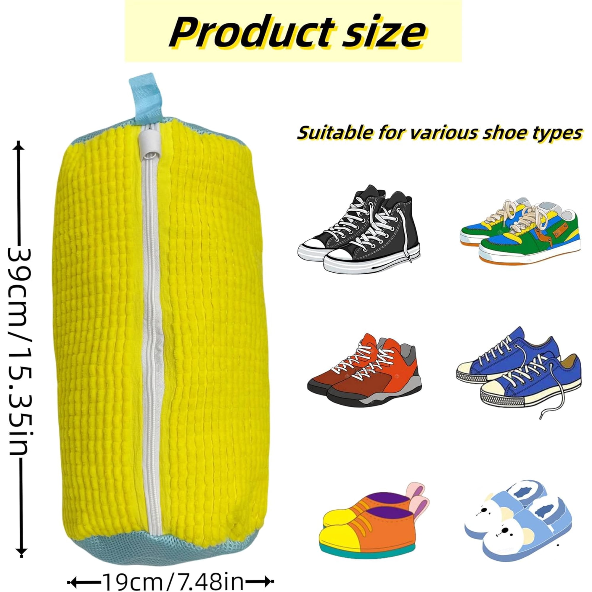 Sac Lavage Chaussures Machine - Protection Fermeture Éclair, Microfibre 39x19 Cm - Jaune
