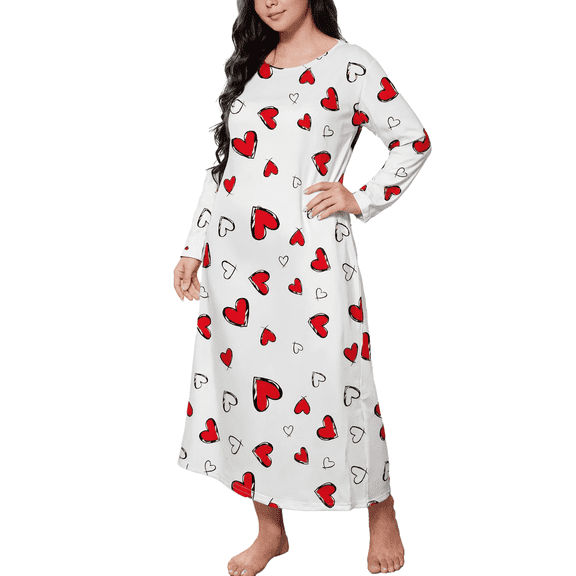 ValueVibe Plus Size Nightgown for Women Long Sleeve Sleepshirt Crew Neck Full Length Sleepdress with Red Love Print, 1XL