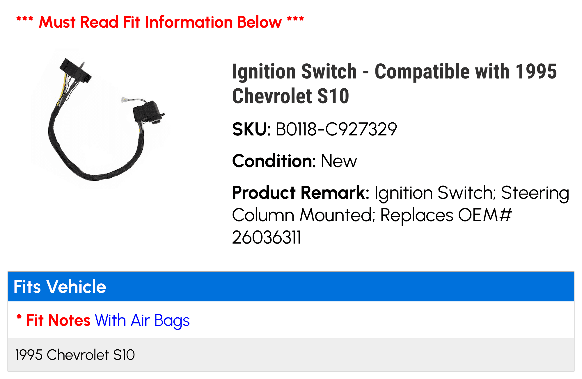 Ignition Switch - Compatible with 1995 Chevrolet S10 - Replacement