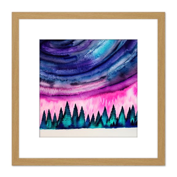 Bold Bright Northern Lights Aurora Borealis Colourful Pine Forest Scene Square Wooden Framed Wall Art Print Picture 8X8 Inch
